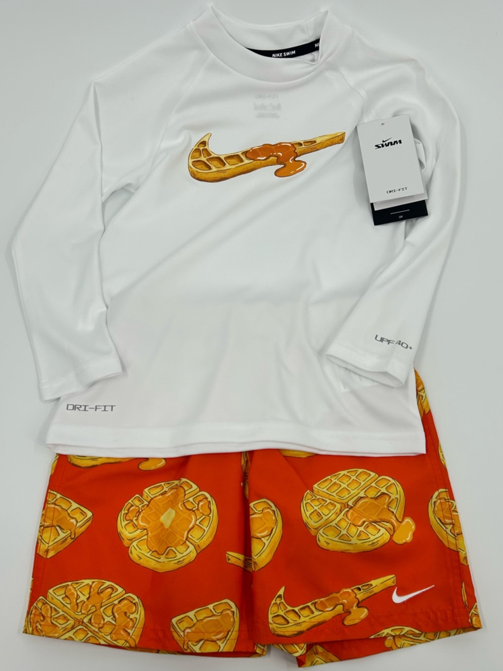 NWT Nike Kids White Long-Sleeve Rash Guard & Orange Waffle Print Swim Shorts 5